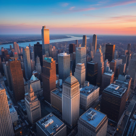 New York City Manhattan downtown skyline panorama with skyscrapers at sunset.