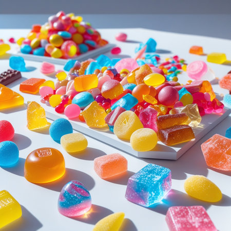 Assorted colorful candies on a white background. Top view.