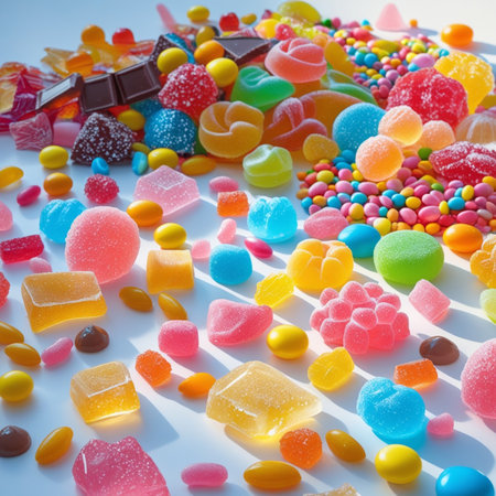 Assorted colorful candies. Top view. Jelly sweets background.