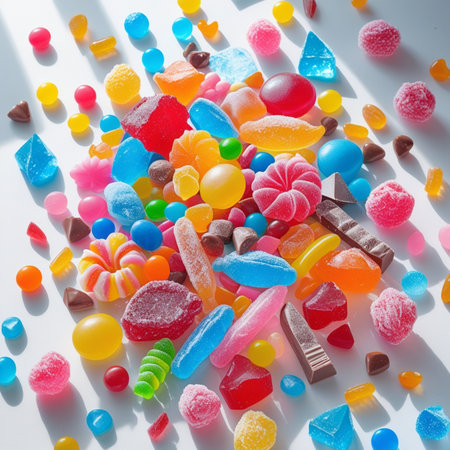 Assorted colorful candies on a white background. Top view.