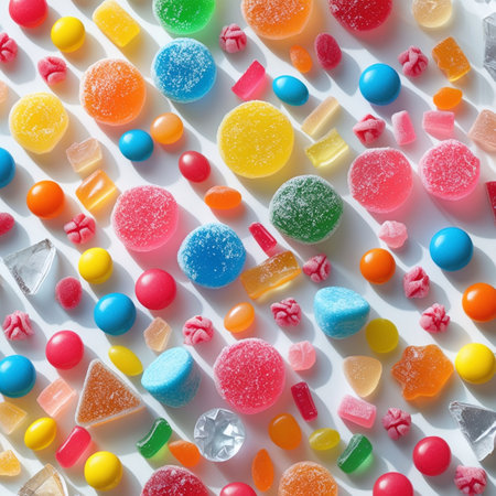 Colorful candies on white background. Top view, flat lay