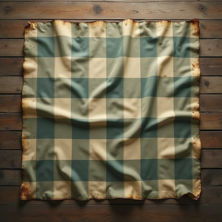 Checkered tablecloth on wooden background. Top view with copy space