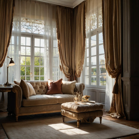 Interior of a living room with a sofa and a large window
