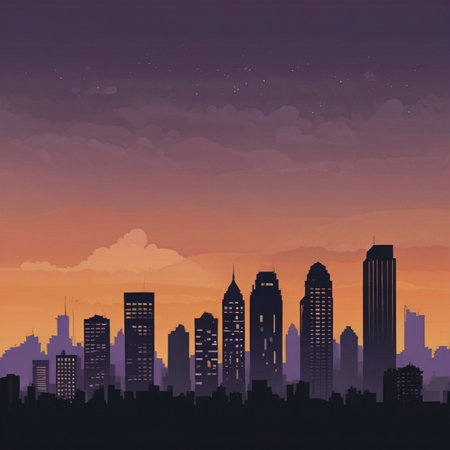 Silhouette of skyscrapers at sunset, vector illustration.
