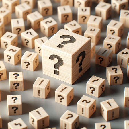 Question mark on wooden cubes. FAQ concept. 3D illustration.