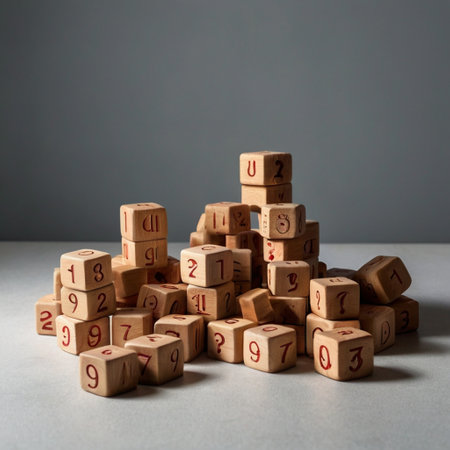 Wooden cubes with numbers on a gray background. Copy space.