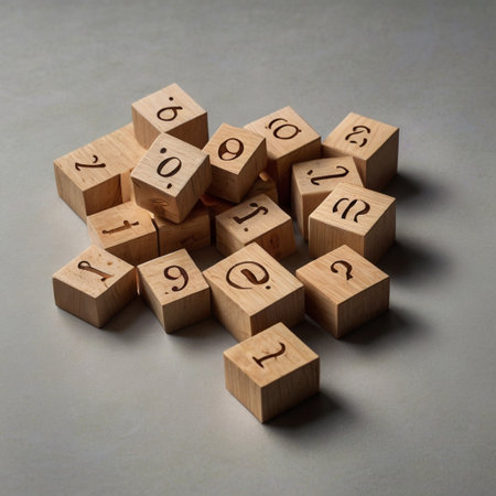 Wooden cubes with numbers on a gray background.