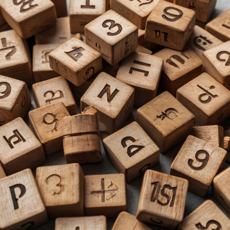 Wooden cubes with numbers on the table, close-up.