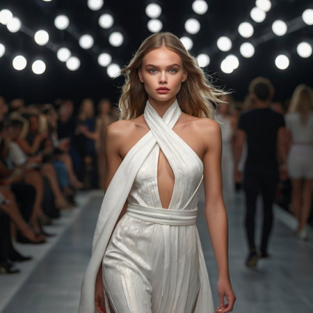 A model walks the runway during a fashion show as part of the Paris Fashion Week Womenswear Spring/Summer 2016 in Paris, France.の写真素材