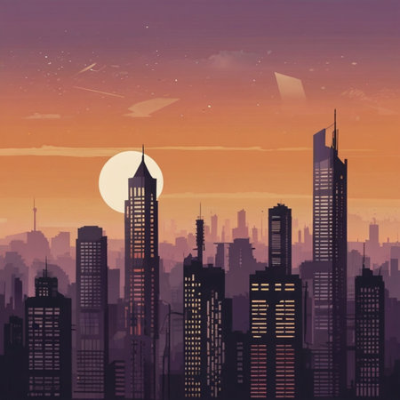Cityscape with skyscrapers at sunset. Vector illustration in retro styleの写真素材