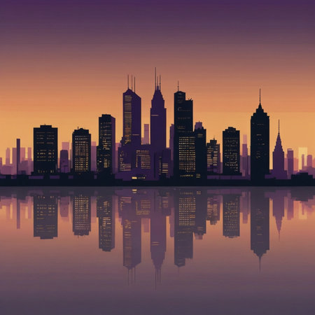 Illustration of the silhouette of a modern city with reflection in the waterの写真素材