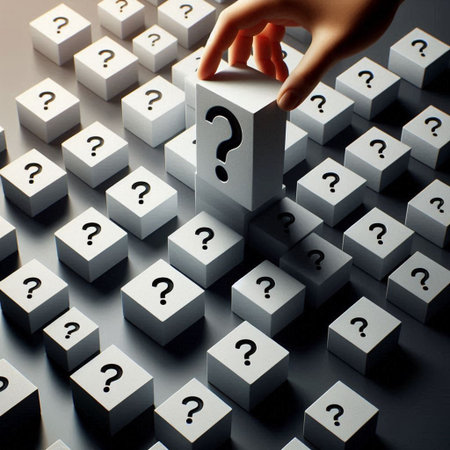 Hand of businesswoman pushing question mark on white cubes. FAQ concept