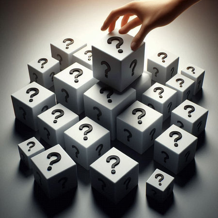 Hand of businessman pushing question mark on white cubes. Problem solving conceptの写真素材
