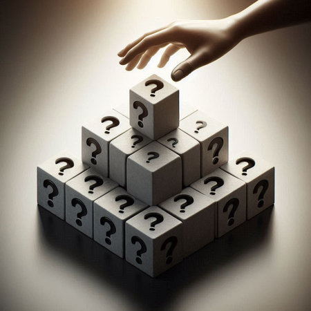 Hand of businessman and question marks on cubes. Problem solving concept.の写真素材