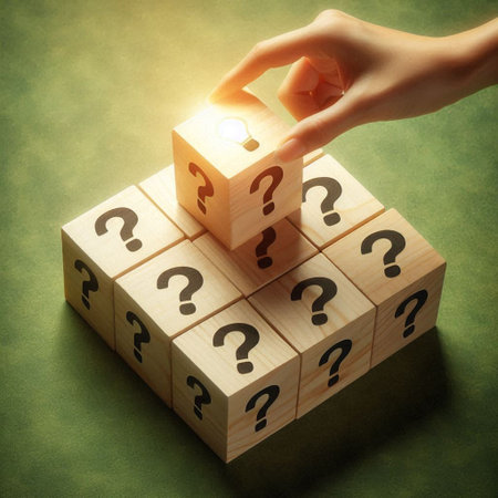 Hand puts wooden cube with question mark on top. Business concept.