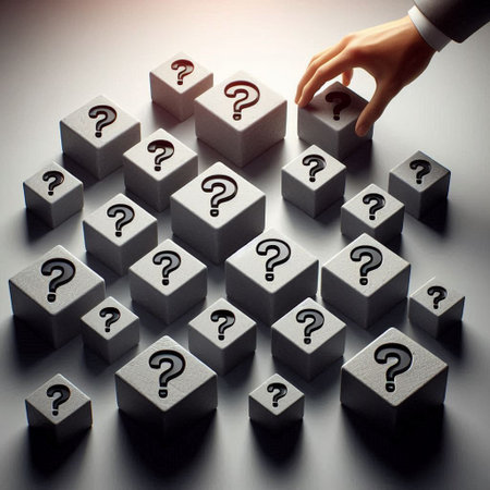 Hand of businessman pushing question mark on gray cube. Question mark conceptの写真素材