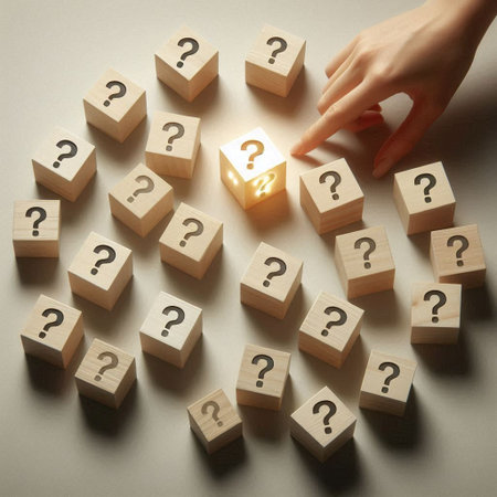 Human hand and question mark on wooden cubes. Questions and answers concept