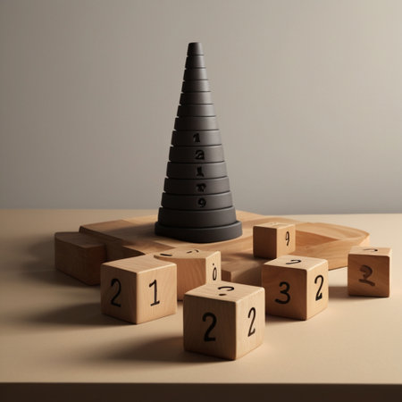 Black cone on wooden cubes with numbers.の写真素材