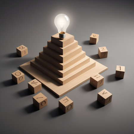 wooden cubes with lightbulb on top of the stairs, 3d illustrationの写真素材