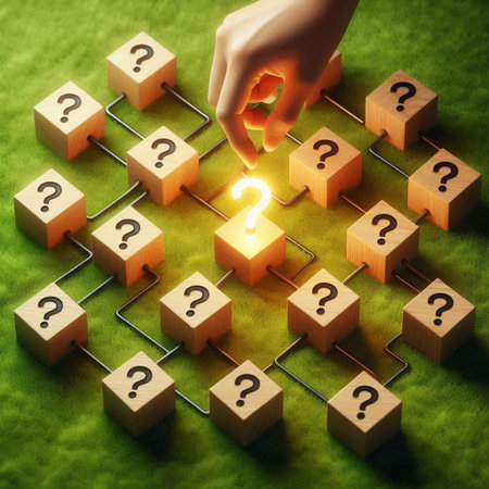 Closeup image of human hand and question mark on wooden cubes.の写真素材