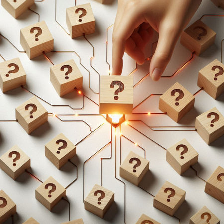 Close up of human hand connecting wooden cubes with question marks on white backgroundの写真素材