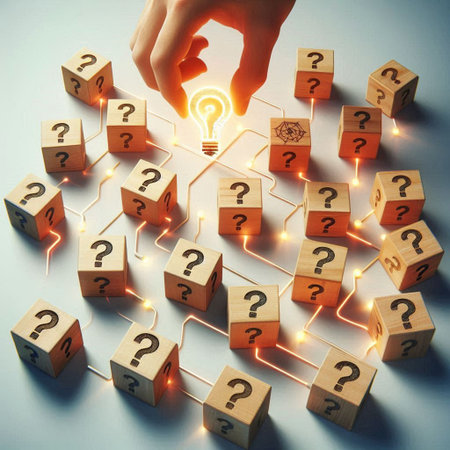 Hand of businesswoman arranging wooden cubes with question mark on light backgroundの写真素材