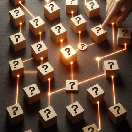 Question marks on wooden cubes with human hand. Conceptual image.