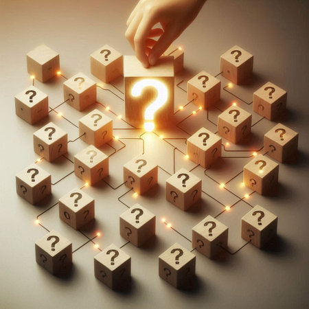 Question mark on wooden cubes with lightbulbs. Conceptual imageの写真素材