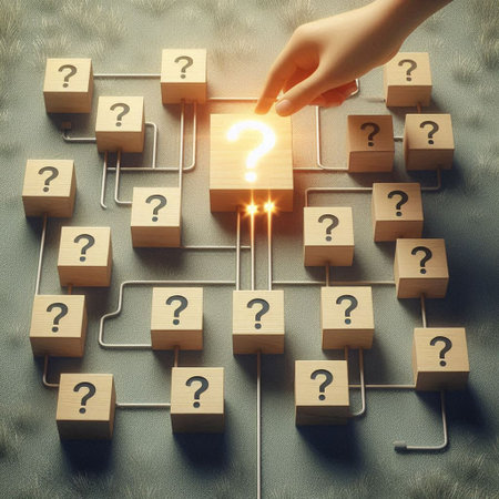 Hand of businessman placing wooden cube with question mark on top of maze