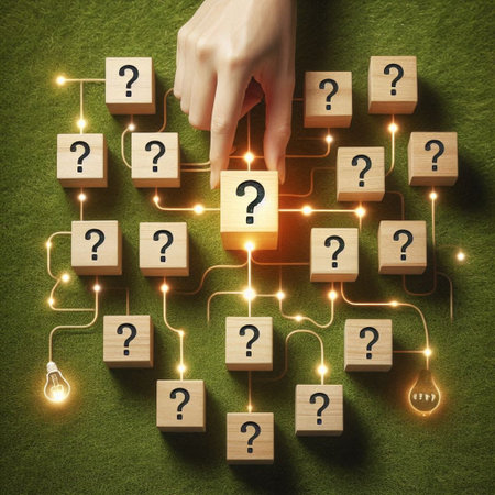 Hand of businesswoman and question mark on wooden cubes. Questions and answers conceptの写真素材