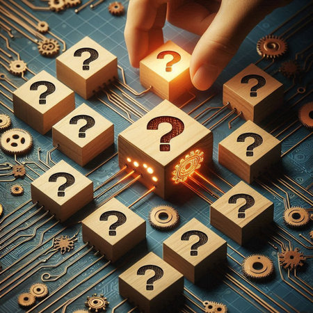 Businessman hand choose question mark on wooden cube with circuit board background