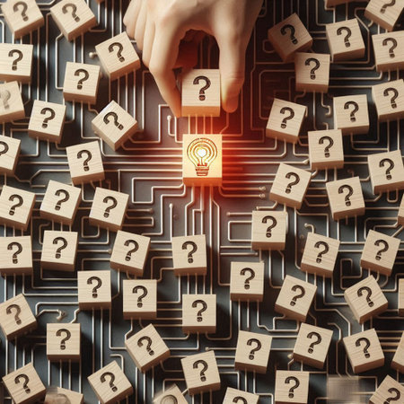 Hand of businesswoman pressing wooden cube with question mark over circuit board backgroundの写真素材