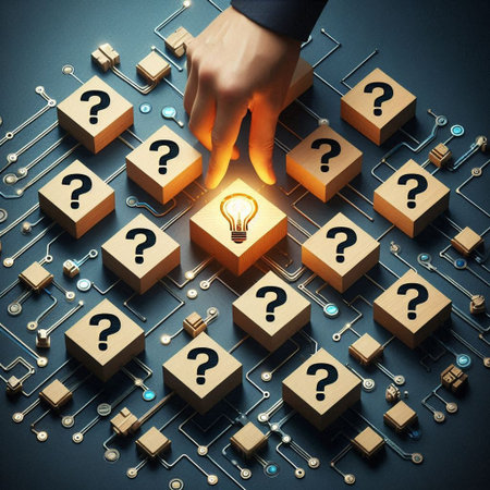 Hand of businessman and question mark on circuit board. Innovation and solution concept