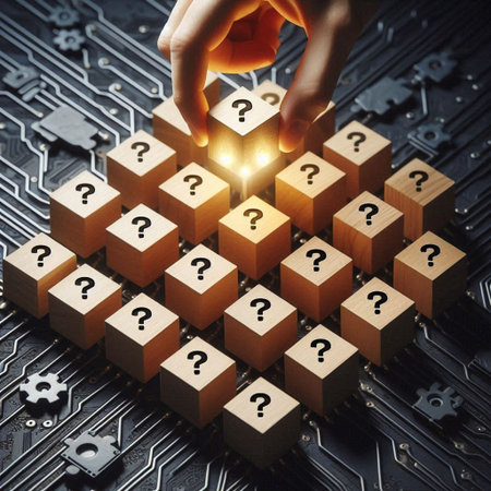 Close up of human hand arranging wooden cubes with question marks on circuit board background