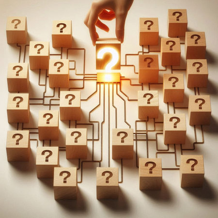Businessman and question mark on wooden cube. Business problem solving concept.