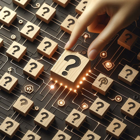 Question mark on wooden cube with human hand. Solving problem conceptの写真素材