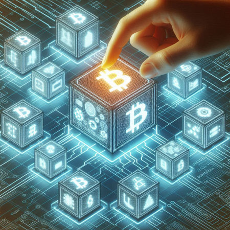 Businessman hand touching glowing bitcoin cube on digital background. Cryptocurrency and blockchain...
