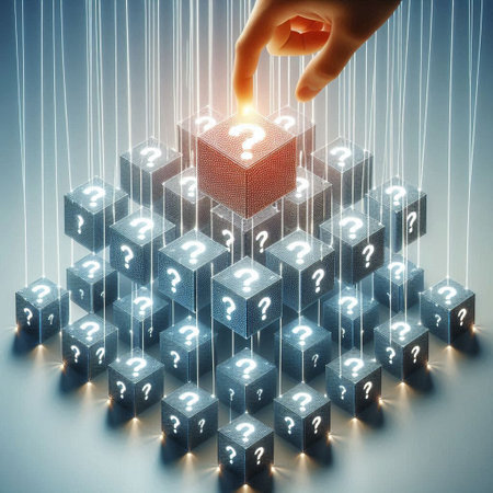 Conceptual image with cube figure and question marks flying out of itの写真素材