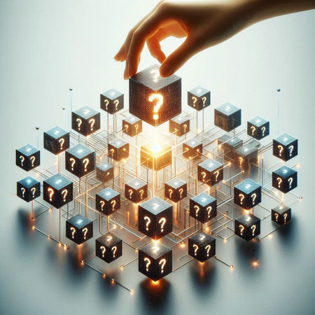 Human hand and question marks on cubes. Artificial intelligence concept. 3D Rendering