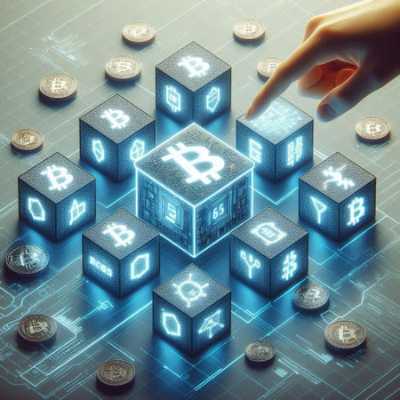 Cryptocurrency and blockchain technology concept. Hand pressing digital bitcoin cube. 3D Rendering
