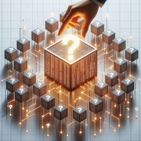 Businessman hand choosing question mark on cube block. Solution concept. 3D Rendering