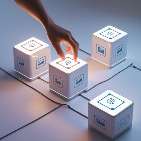 Hand of business man pushing a button on a white cube. 3d renderingの写真素材