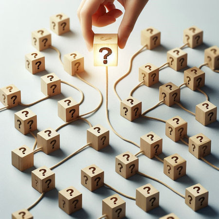 Hand of businesswoman arranging question marks on wooden cubes. FAQ conceptの写真素材