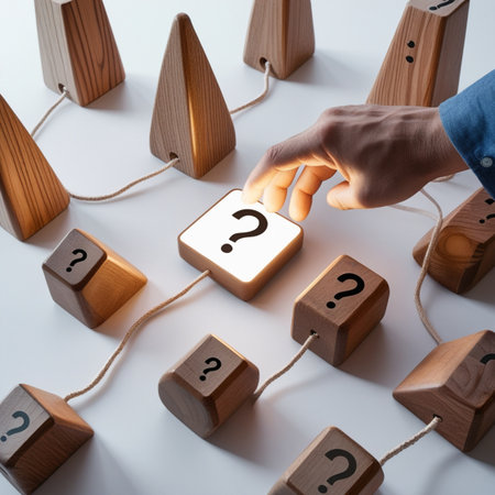 Businessman pressing question mark on wooden cubes. Question and answer conceptの写真素材