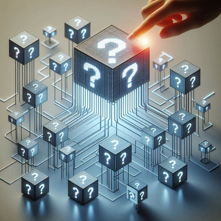 Conceptual background image with cube figure and question marks. 3d rendering