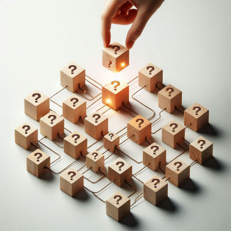 Conceptual image of human hand and question marks on wooden cubesの写真素材