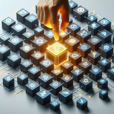 Hand of businesswoman creating cube with icons. Innovation concept. 3D Rendering