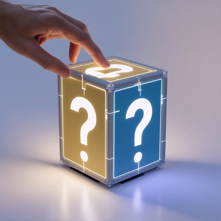 Hand pushing question mark cube on a white background. 3d renderingの写真素材