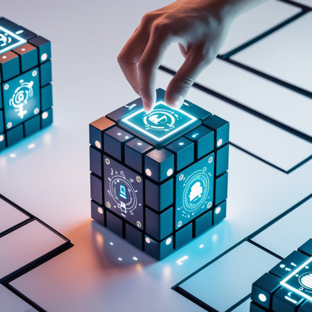 Hand of businesswoman arranging cube with icons on it. 3D renderingの写真素材