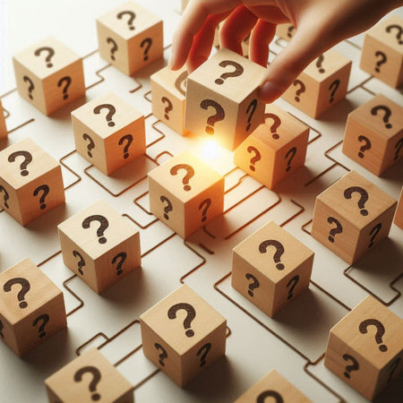 Closeup of human hand putting wooden cube with question mark on topの素材